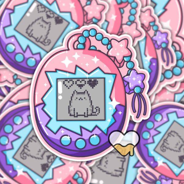 This image shows an hand-drawn adorable sticker, Pet Cat Game Sticker, which is available to purchase from HunnieByte.com