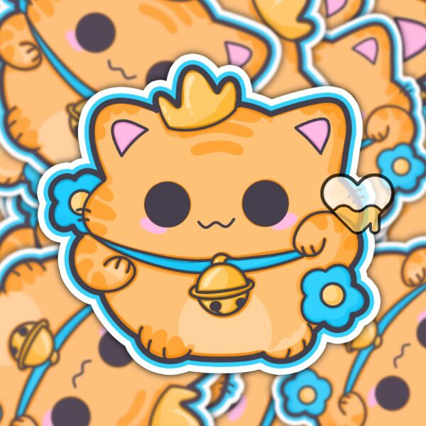 This image shows an hand-drawn adorable sticker, Royal Lucky Cat Sticker, which is available to purchase from HunnieByte.com