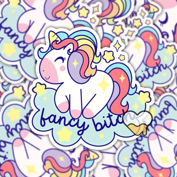 This image shows our adorable sticker finishes, Fancy Bitch Unicorn Sticker, which is available to purchase from HunnieByte.com