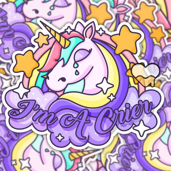 This image shows our adorable sticker finishes, Im A Crier Unicorn Sticker, which is available to purchase from HunnieByte.com