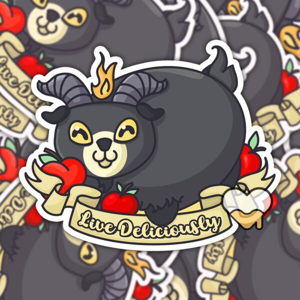 This image shows our adorable sticker finishes, Live Deliciously Goat Sticker, which is available to purchase from HunnieByte.com