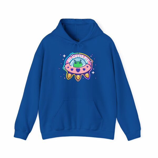 This image shows an adorable hand-drawn hoodie, Hi Cutie Pie Alien Hoodie, which is available to purchase from HunnieByte.com