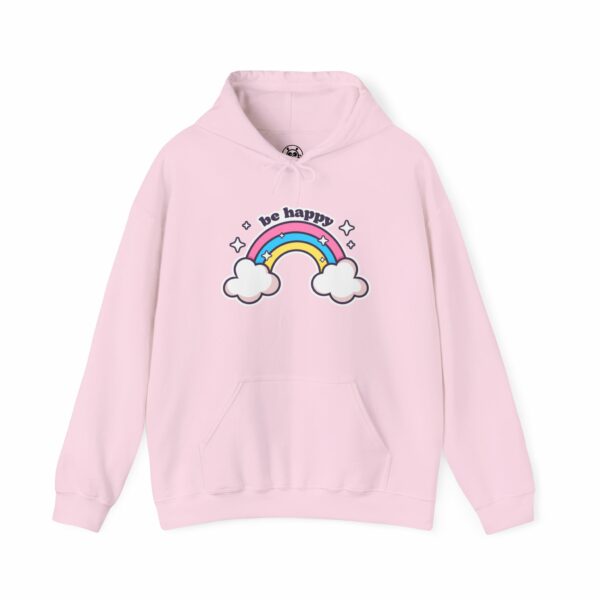 This image shows an adorable hand-drawn hoodie, Be Happy Rainbow Hoodie, which is available to purchase from HunnieByte.com