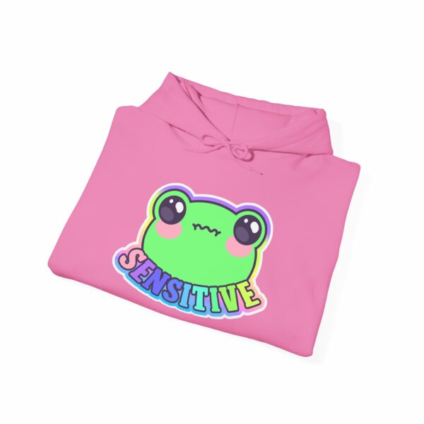 This image shows an adorable hand-drawn hoodie, Sensitive Frog Hoodie, which is available to purchase from HunnieByte.com