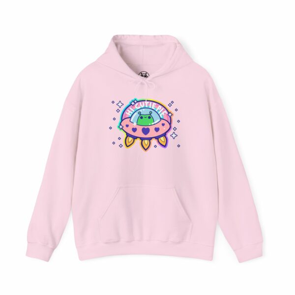 This image shows an adorable hand-drawn hoodie, Hi Cutie Pie Alien Hoodie, which is available to purchase from HunnieByte.com