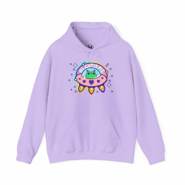 This image shows an adorable hand-drawn hoodie, Hi Cutie Pie Alien Hoodie, which is available to purchase from HunnieByte.com