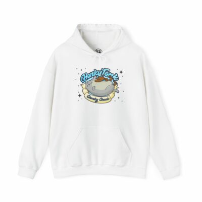 This image shows an adorable hand-drawn hoodie, Honky Tonk Chonky Chonk Meowboy Hoodie, which is available to purchase from HunnieByte.com