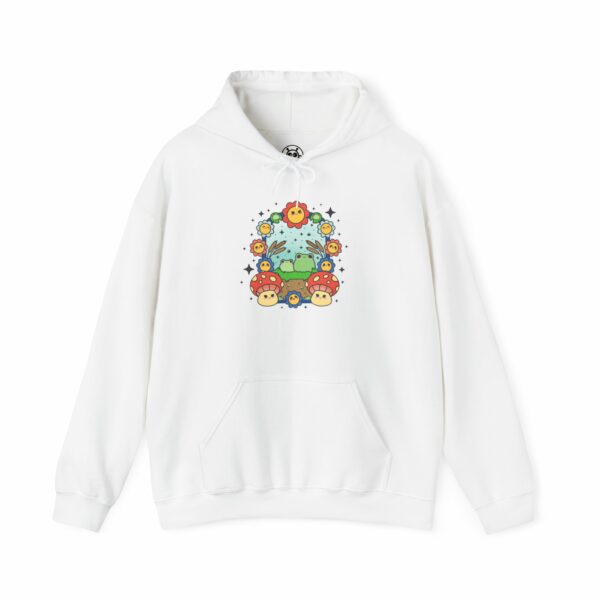 This image shows an adorable hand-drawn hoodie, Frog Paradise Hoodie, which is available to purchase from HunnieByte.com