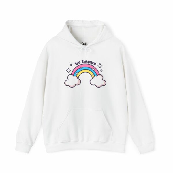 This image shows an adorable hand-drawn hoodie, Be Happy Rainbow Hoodie, which is available to purchase from HunnieByte.com