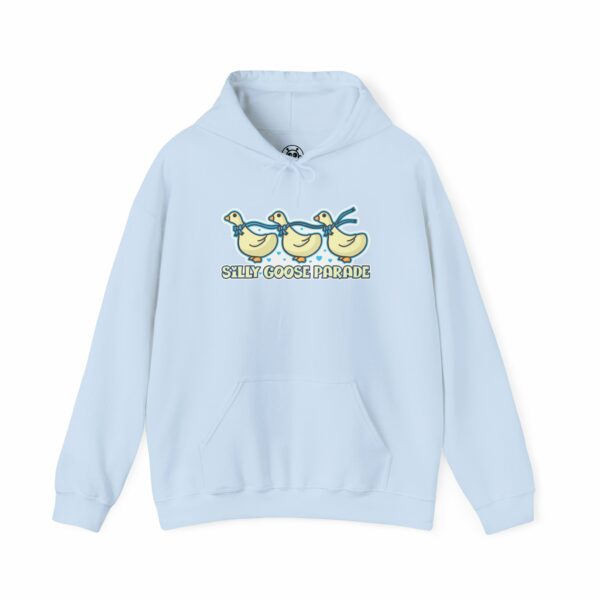 This image shows an adorable hand-drawn hoodie, Silly Goose Parade Hoodie, which is available to purchase from HunnieByte.com