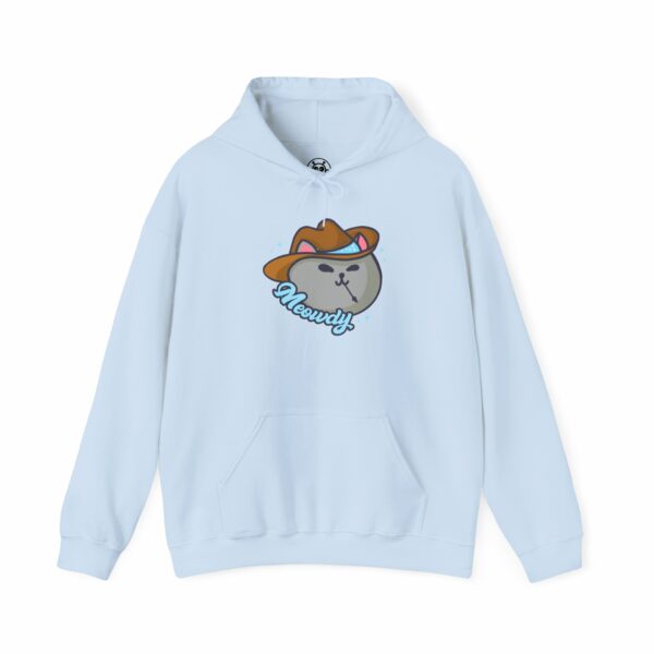 This image shows an adorable hand-drawn hoodie, Meowdy Meowboy Hoodie, which is available to purchase from HunnieByte.com