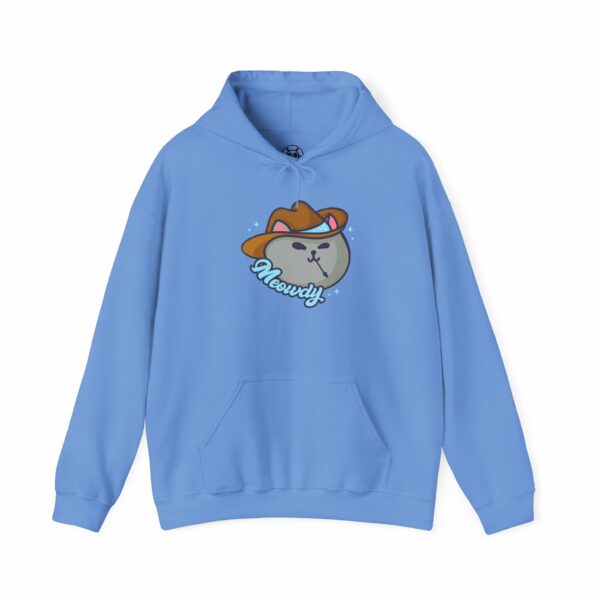 This image shows an adorable hand-drawn hoodie, Meowdy Meowboy Hoodie, which is available to purchase from HunnieByte.com