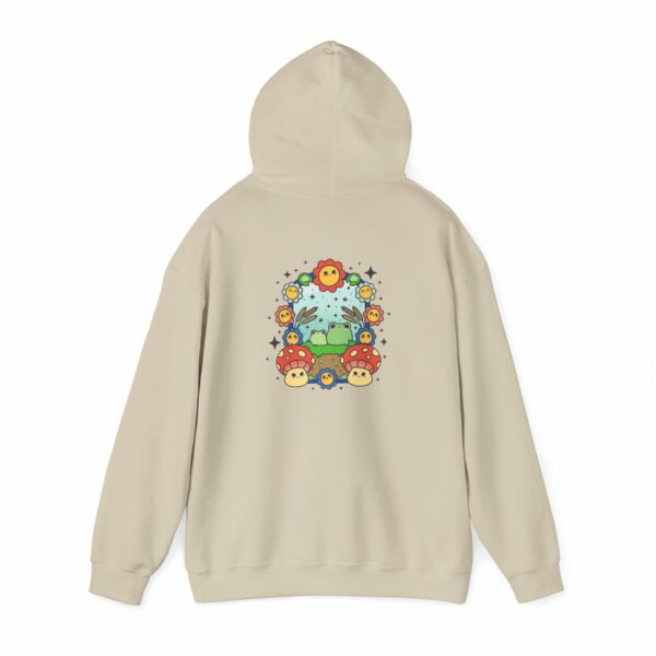 This image shows an adorable hand-drawn hoodie, Frog Paradise Hoodie, which is available to purchase from HunnieByte.com