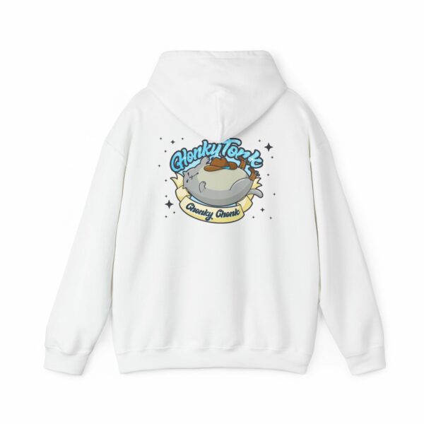 This image shows an adorable hand-drawn hoodie, Honky Tonk Chonky Chonk Meowboy Hoodie, which is available to purchase from HunnieByte.com