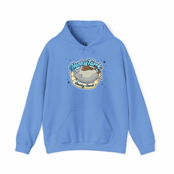 This image shows an adorable hand-drawn hoodie, Honky Tonk Chonky Chonk Meowboy Hoodie, which is available to purchase from HunnieByte.com