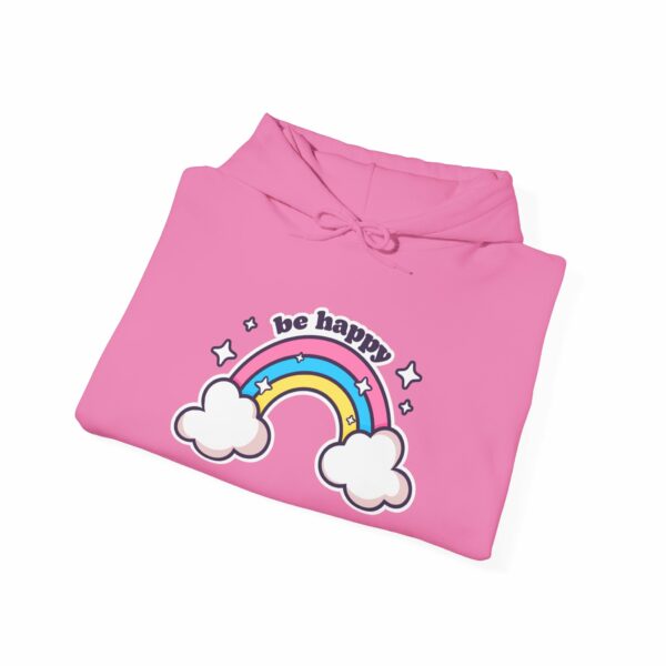 This image shows an adorable hand-drawn hoodie, Be Happy Rainbow Hoodie, which is available to purchase from HunnieByte.com