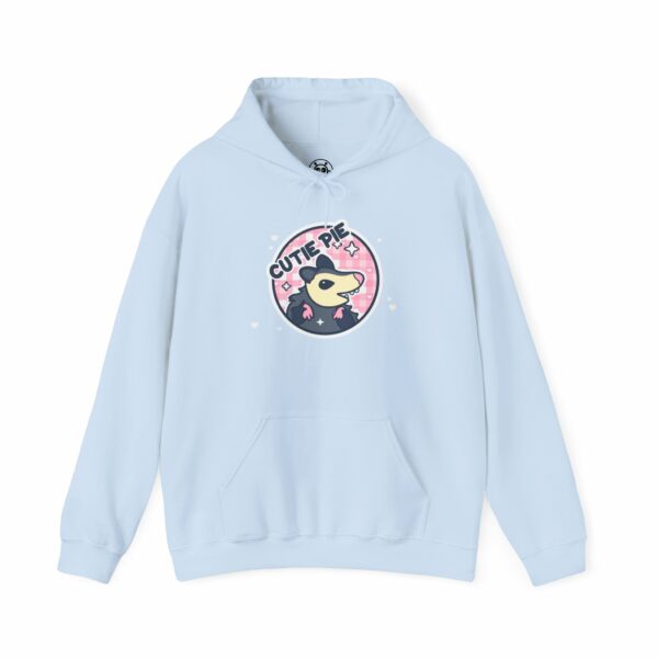 This image shows an adorable hand-drawn hoodie, Cutie Pie Possum Hoodie, which is available to purchase from HunnieByte.com