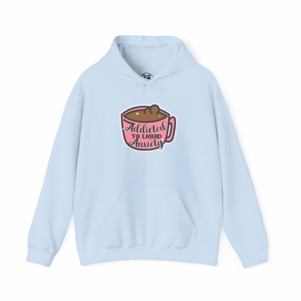 This image shows an adorable hand-drawn hoodie, Addicted To Liquid Anxiety Hoodie, which is available to purchase from HunnieByte.com