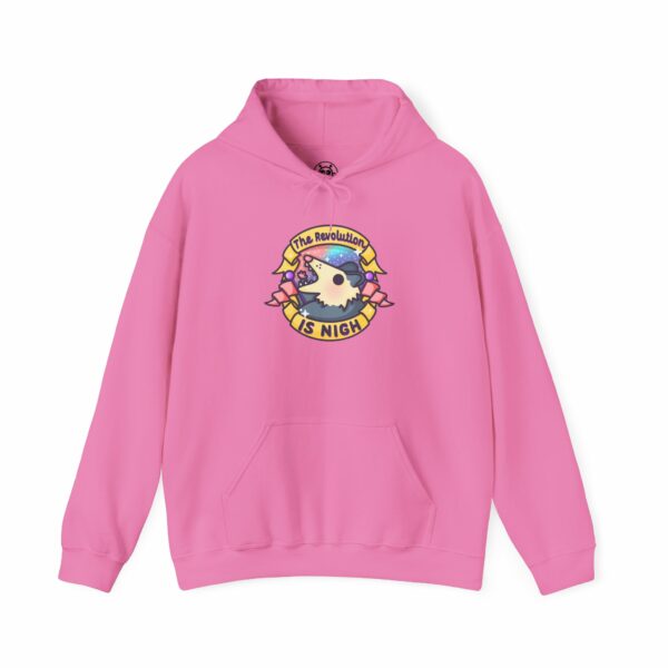 This image shows an adorable hand-drawn hoodie, The Revolution Is Nigh Possum Hoodie, which is available to purchase from HunnieByte.com