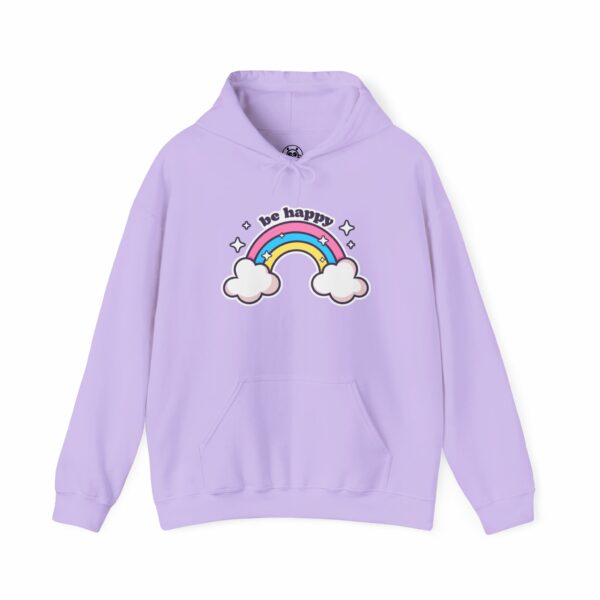 This image shows an adorable hand-drawn hoodie, Be Happy Rainbow Hoodie, which is available to purchase from HunnieByte.com