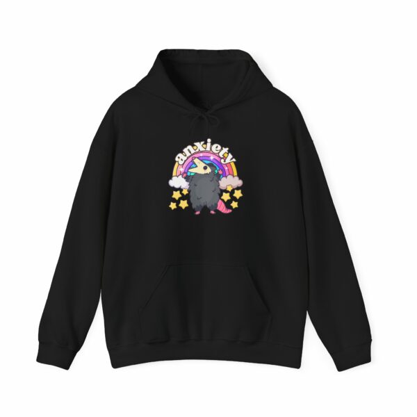 This image shows an adorable hand-drawn hoodie, Anxiety Rainbow Possum Hoodie, which is available to purchase from HunnieByte.com