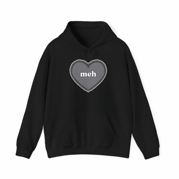 This image shows an adorable hand-drawn hoodie, Meh Grayscale Heart Hoodie, which is available to purchase from HunnieByte.com