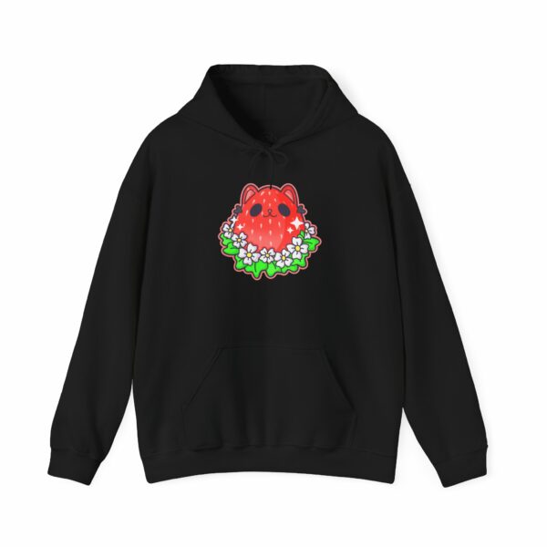 This image shows an adorable hand-drawn hoodie, Kitty Berry Hoodie, which is available to purchase from HunnieByte.com