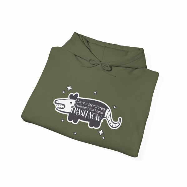 This image shows an adorable hand-drawn hoodie, Trash Now Possum Hoodie, which is available to purchase from HunnieByte.com