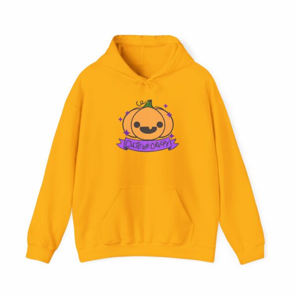 This image shows an adorable hand-drawn hoodie, Cute But Creepy Pumpkin Hoodie, which is available to purchase from HunnieByte.com