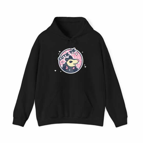 This image shows an adorable hand-drawn hoodie, Cutie Pie Possum Hoodie, which is available to purchase from HunnieByte.com