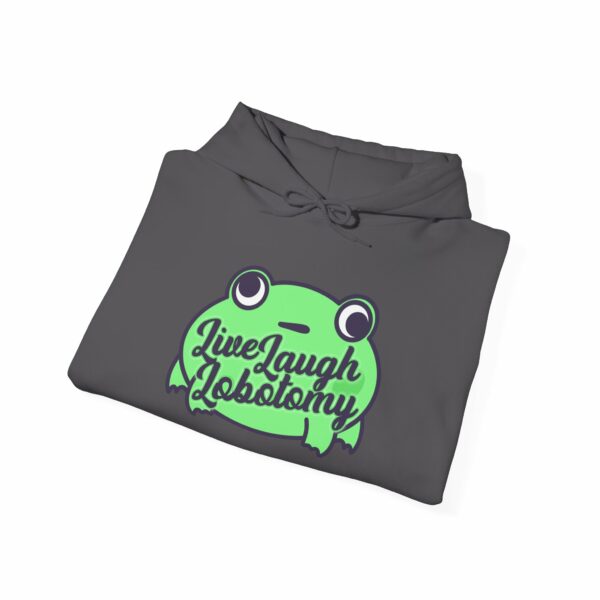 This image shows an adorable hand-drawn hoodie, Live Laugh Lobotomy Frog Hoodie, which is available to purchase from HunnieByte.com