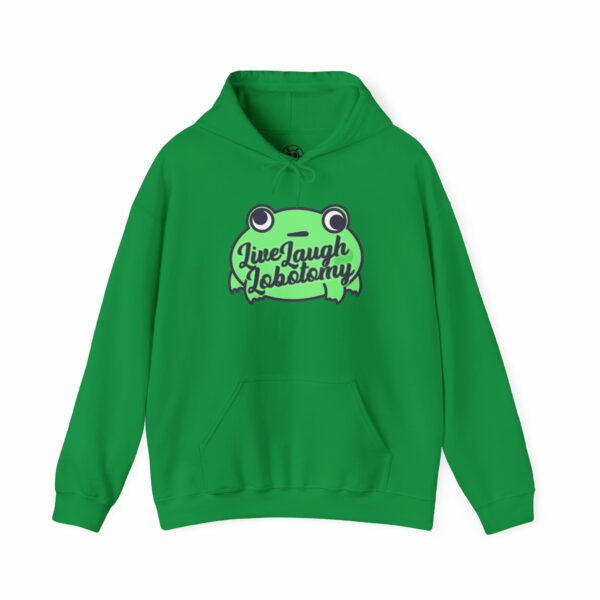 This image shows an adorable hand-drawn hoodie, Live Laugh Lobotomy Frog Hoodie, which is available to purchase from HunnieByte.com