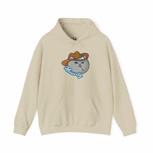 This image shows an adorable hand-drawn hoodie, Meowdy Meowboy Hoodie, which is available to purchase from HunnieByte.com