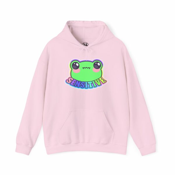 This image shows an adorable hand-drawn hoodie, Sensitive Frog Hoodie, which is available to purchase from HunnieByte.com