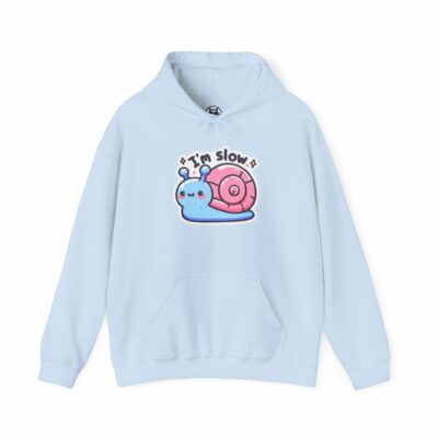 This image shows an adorable hand-drawn hoodie, Im Slow Snail Hoodie, which is available to purchase from HunnieByte.com