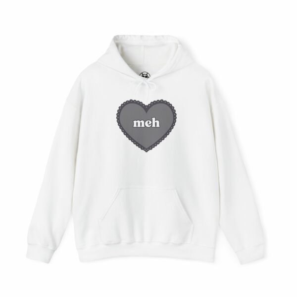 This image shows an adorable hand-drawn hoodie, Meh Grayscale Heart Hoodie, which is available to purchase from HunnieByte.com