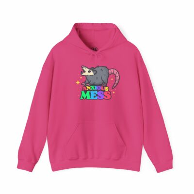 This image shows an adorable hand-drawn hoodie, Anxious Mess Possum Hoodie, which is available to purchase from HunnieByte.com