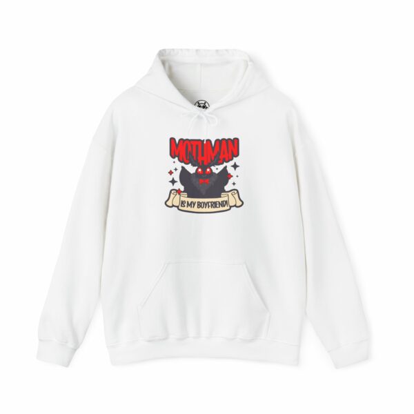 This image shows an adorable hand-drawn hoodie, Mothman Is My Boyfriend Hoodie, which is available to purchase from HunnieByte.com