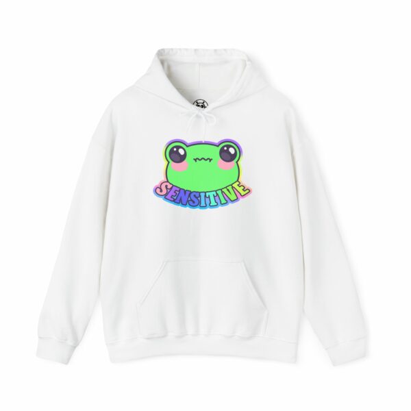 This image shows an adorable hand-drawn hoodie, Sensitive Frog Hoodie, which is available to purchase from HunnieByte.com