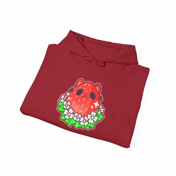 This image shows an adorable hand-drawn hoodie, Kitty Berry Hoodie, which is available to purchase from HunnieByte.com