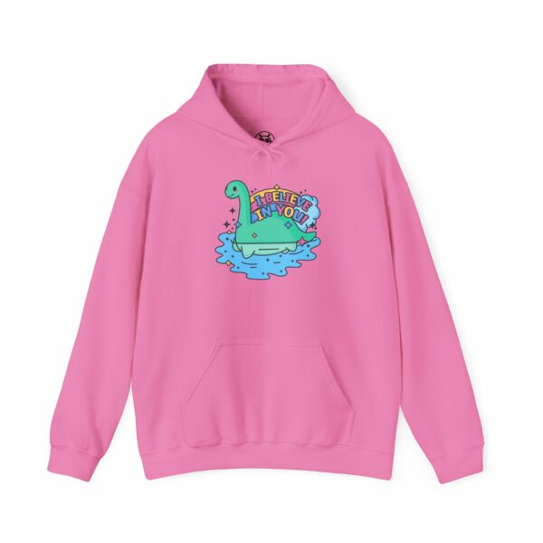 This image shows an adorable hand-drawn hoodie, I Believe In You Nessie Hoodie, which is available to purchase from HunnieByte.com