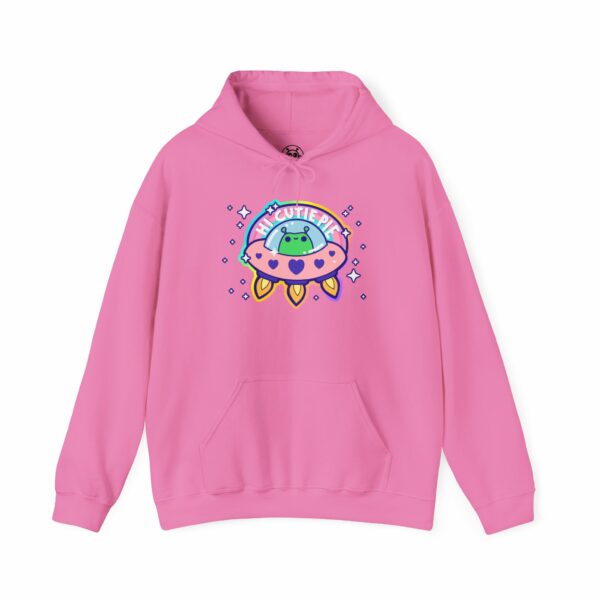 This image shows an adorable hand-drawn hoodie, Hi Cutie Pie Alien Hoodie, which is available to purchase from HunnieByte.com