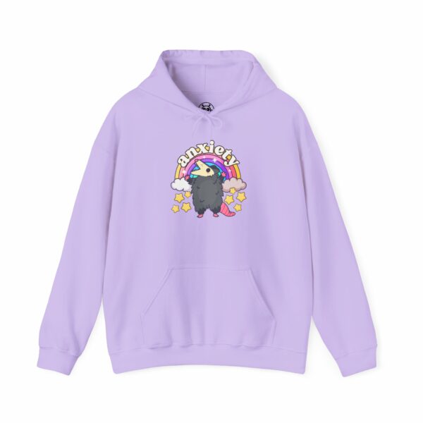 This image shows an adorable hand-drawn hoodie, Anxiety Rainbow Possum Hoodie, which is available to purchase from HunnieByte.com