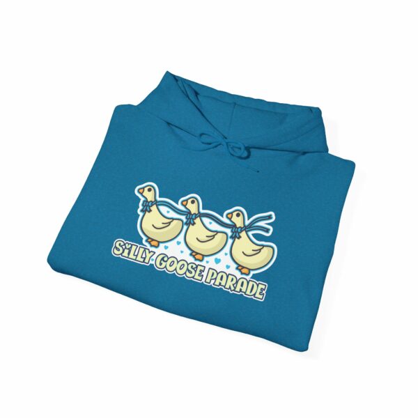 This image shows an adorable hand-drawn hoodie, Silly Goose Parade Hoodie, which is available to purchase from HunnieByte.com