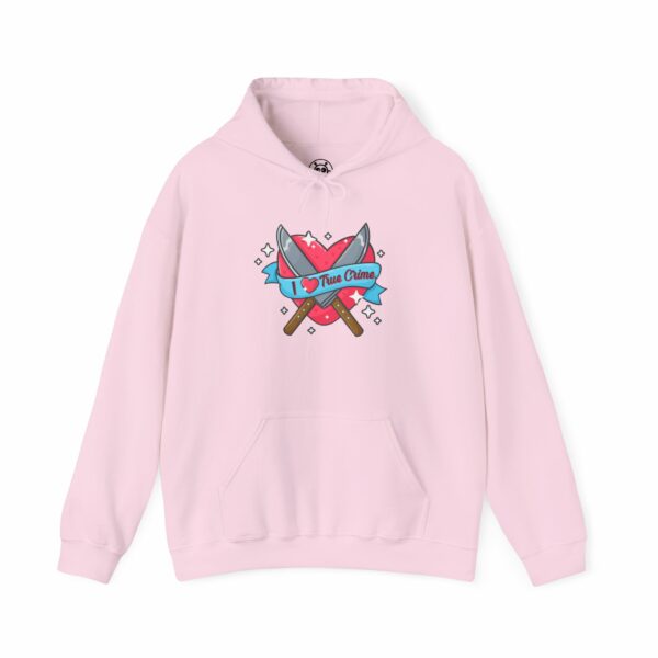 This image shows an adorable hand-drawn hoodie, I Love True Crime Hoodie, which is available to purchase from HunnieByte.com