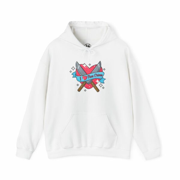 This image shows an adorable hand-drawn hoodie, I Love True Crime Hoodie, which is available to purchase from HunnieByte.com