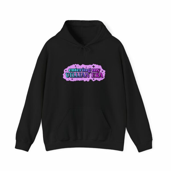 This image shows an adorable hand-drawn hoodie, Entering My Villain Era Hoodie, which is available to purchase from HunnieByte.com