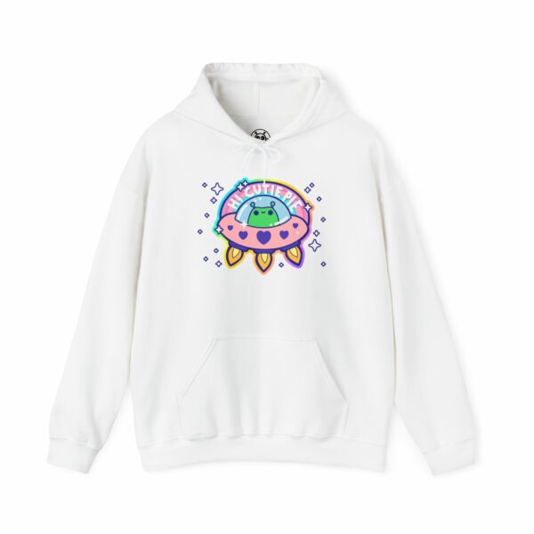 This image shows an adorable hand-drawn hoodie, Hi Cutie Pie Alien Hoodie, which is available to purchase from HunnieByte.com