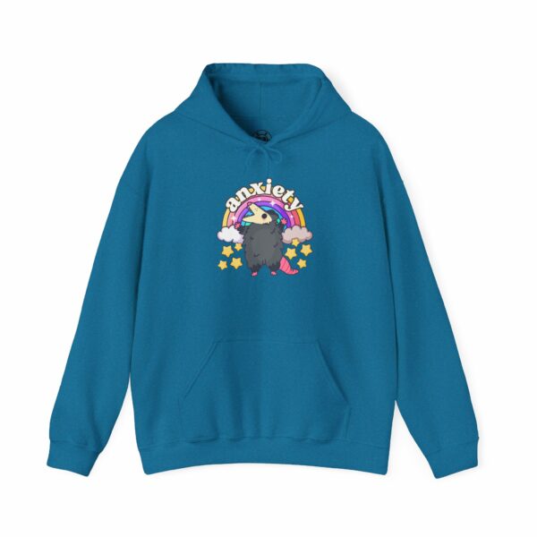 This image shows an adorable hand-drawn hoodie, Anxiety Rainbow Possum Hoodie, which is available to purchase from HunnieByte.com