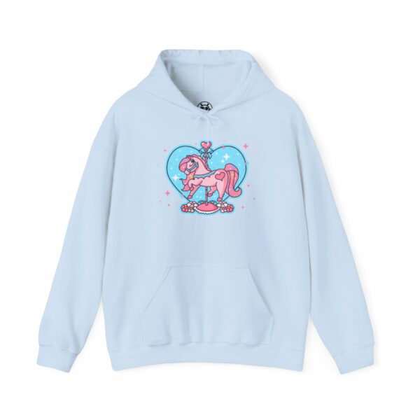 This image shows an adorable hand-drawn hoodie, Twinkle Heart Carousel Horse Hoodie, which is available to purchase from HunnieByte.com